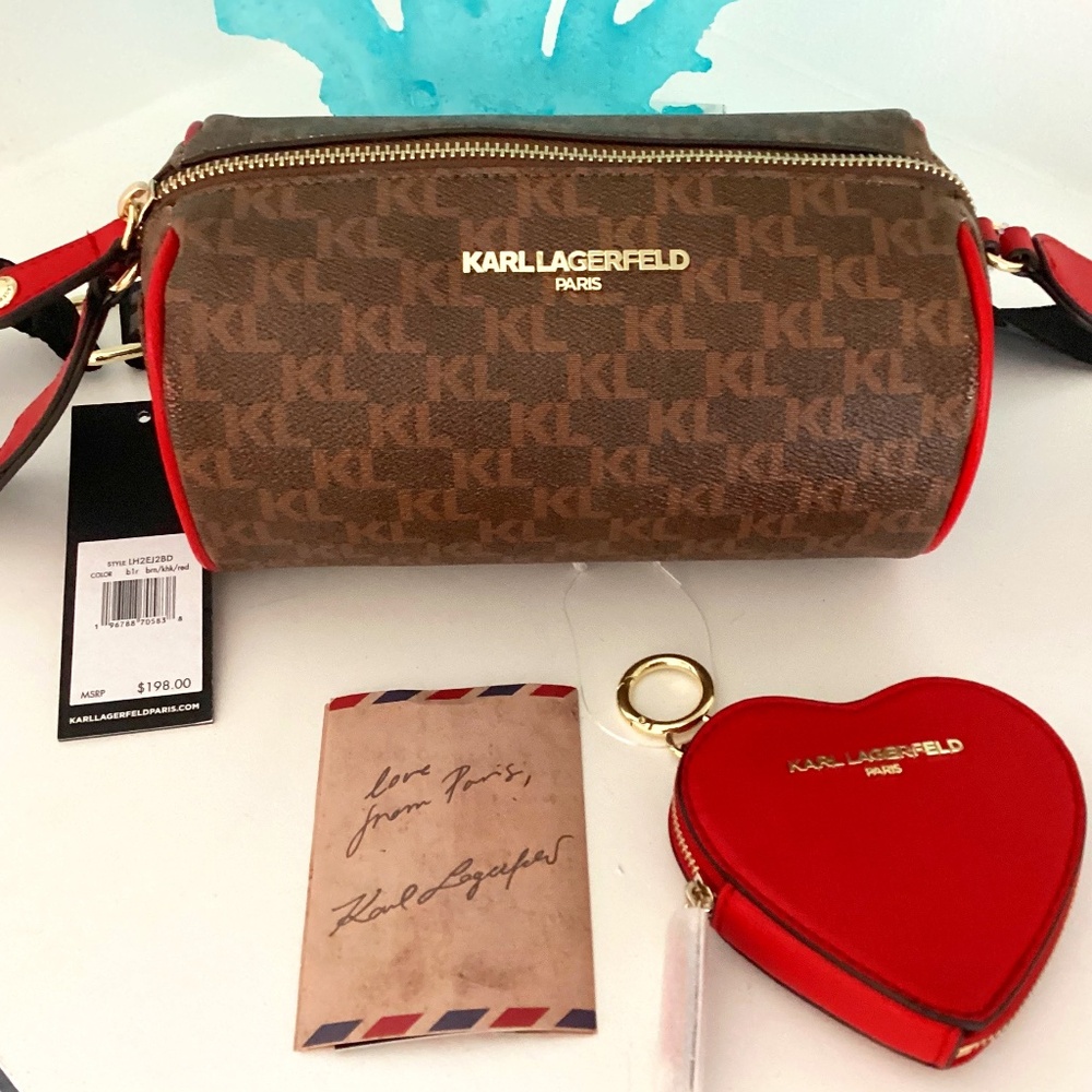 NWT KARL LAGERFELD CROSSBODY BROWN LOGO BAG W RED HEART COIN PURSE